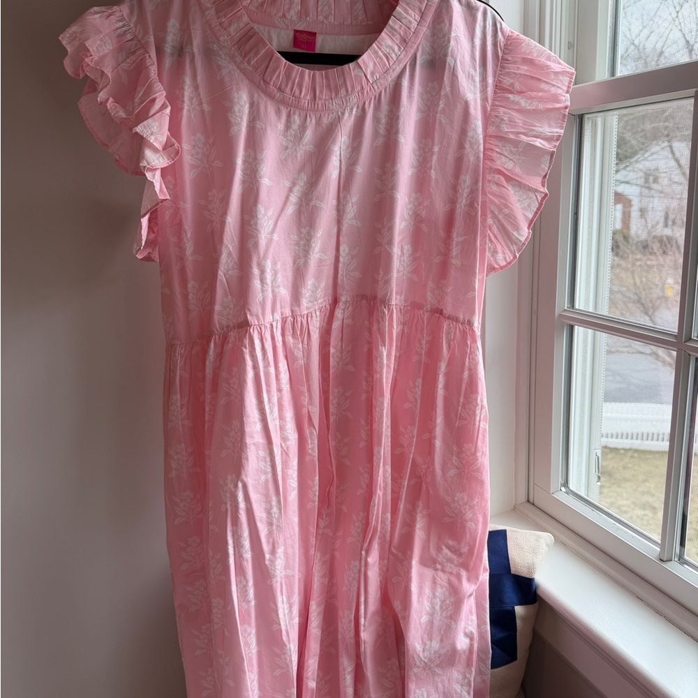 Women's Pink Floral Midi Dress with Ruffled Sleeves